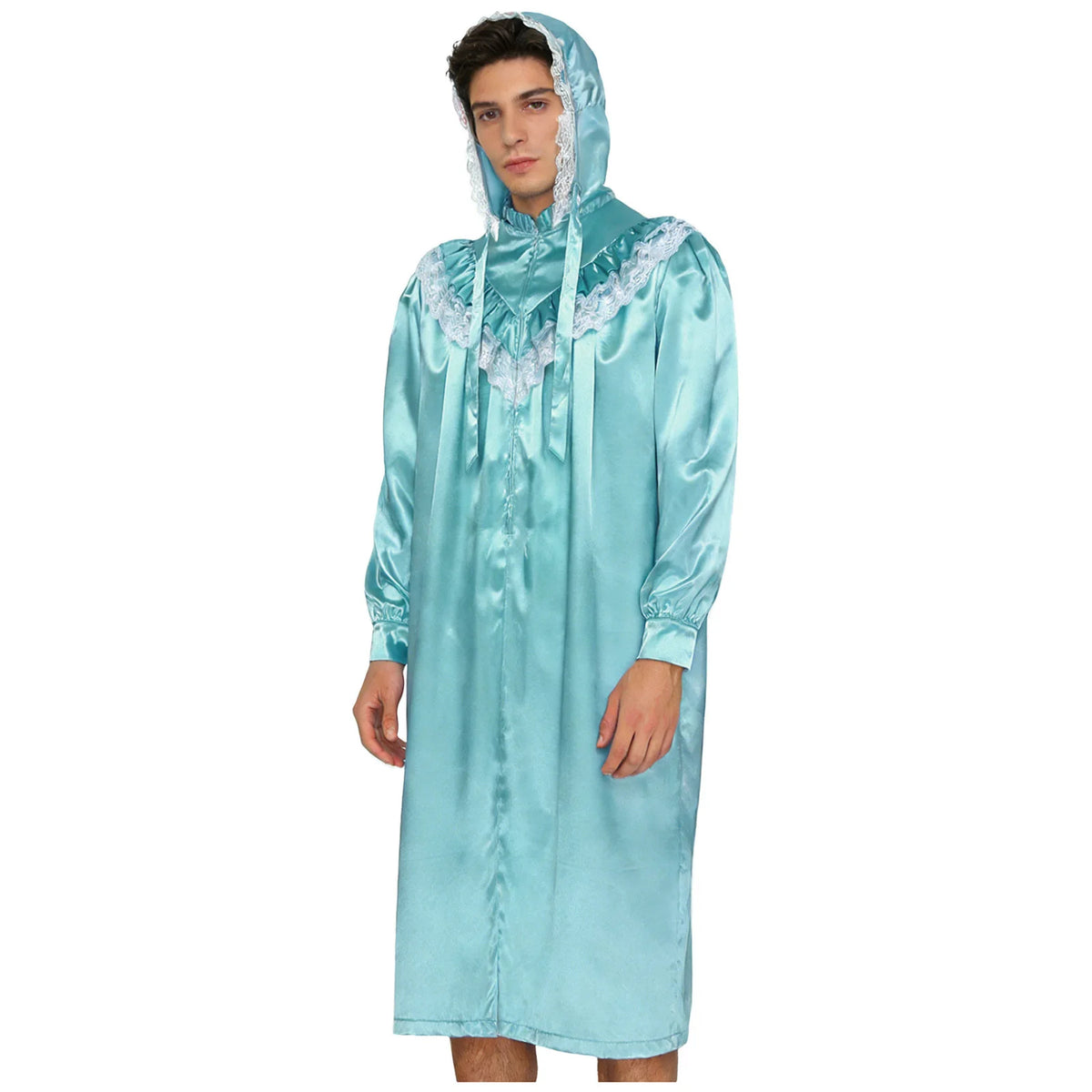 Mens Pajamas Party Vintage Victorian Style Nightgown with Hat Set Ruffled And Lace Trim Long Sleeve Front Zipper Sleep Dress