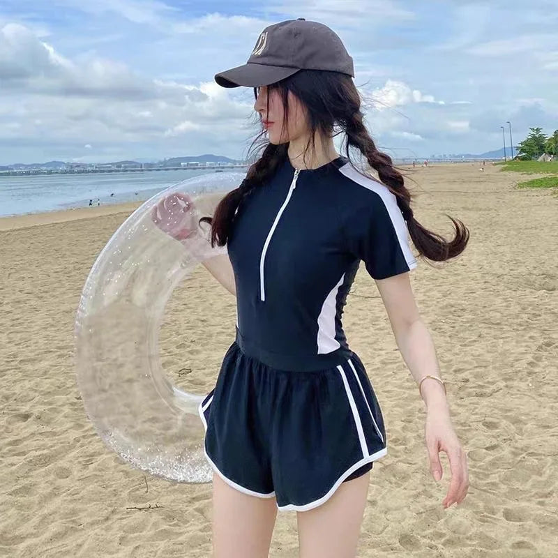 Athletic Black Short Sleeve Two Piece Swimsuit with Zipper Front Contrast Stripe Sporty Swimwear for Beach Pool Vacation