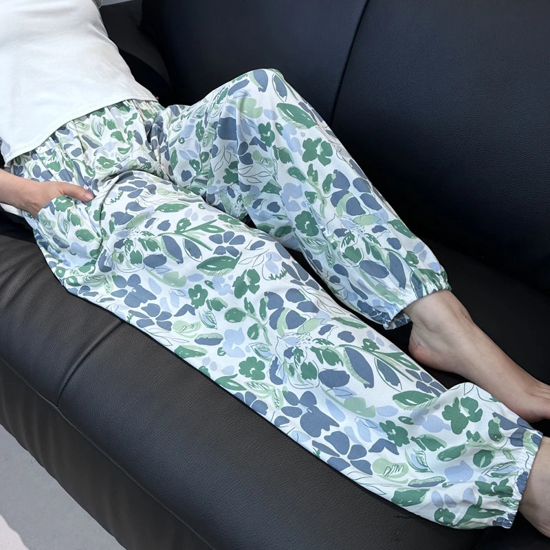 Cool Summer New Silk Cotton Spwear Loose Women's Wide Leg Pants Home Wear Floral Print Heat Resistant Comfortable Casual T...