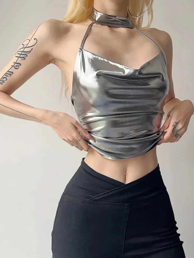 Silver Hanging Neck Summer Crop Tops For Women Clothing Backless Y2k Accessories Sleeveless Ropa De Mujer Slim Sexy Streetwear