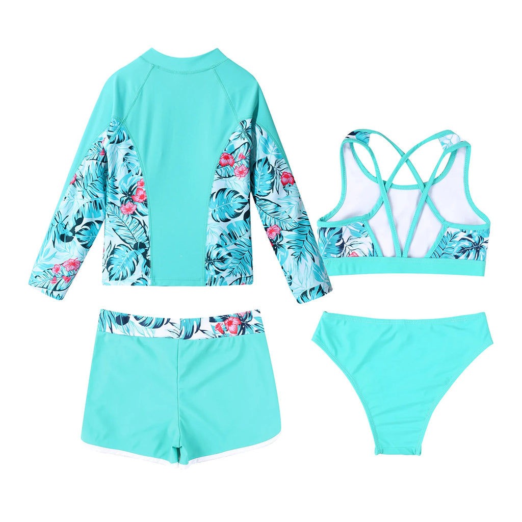 Kids Girls 4PCS Printed Swimsuit Long Sleeve Outerwear with Sleeveless Crop Top Briefs Shorts Bathing Suit Rash Guard Swimwear
