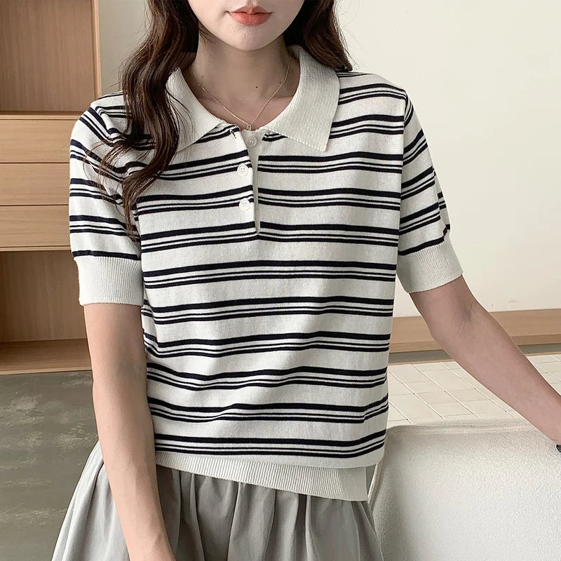 WinvyNee Summer Women's Pure Cotton Sweaters Polo T-Shirts White Half Sleeve Striped Tees Y2k Outerwears Pullover Tops ZA1523012