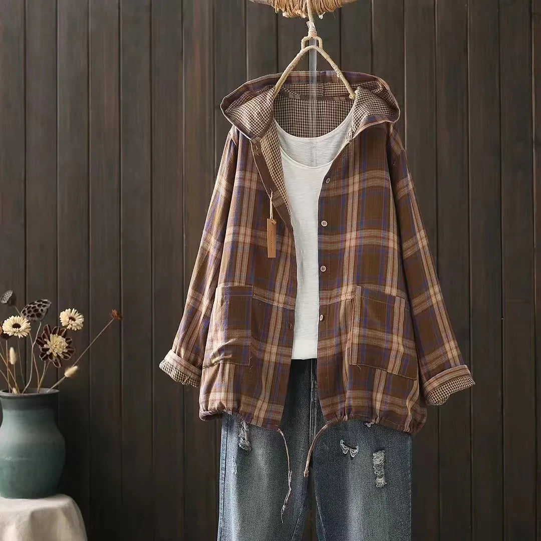 New Summer Long Sleeve Anti-sunburn Coat, Hooded Vintage Plaid Shirt Coat for Women, Elegant Fashion 2024 Autumn Top C47671QM