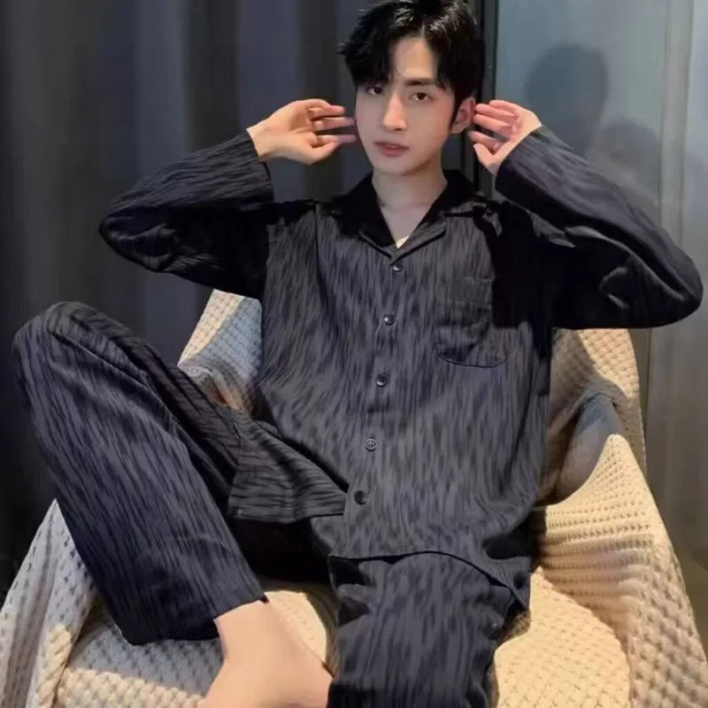 Man 2/pce Set Spring Autumn Casual Pajama Male Fashion Long Sleeves Pants Loungewear boy Loose Indoor Pajama Homewear Loungewear