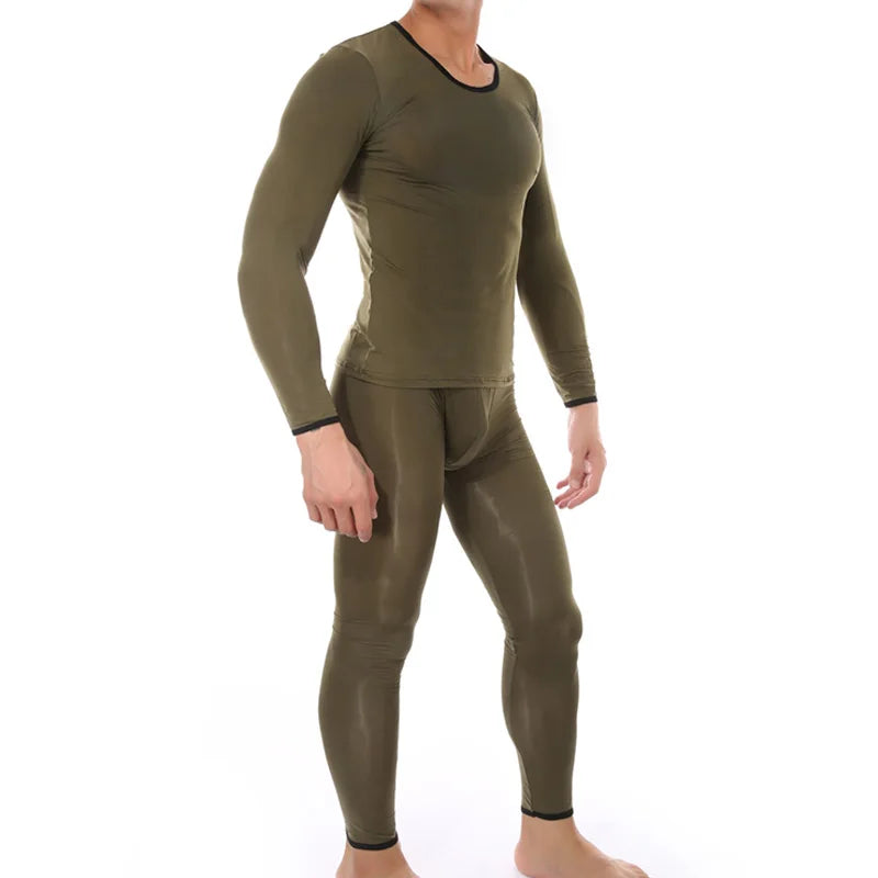 Men's Sexy Transparent Underwear Arrangement Sheer Ultra-Thin Seamless Warm Long Johns Ice Silk Comfortable Long Pajama Set