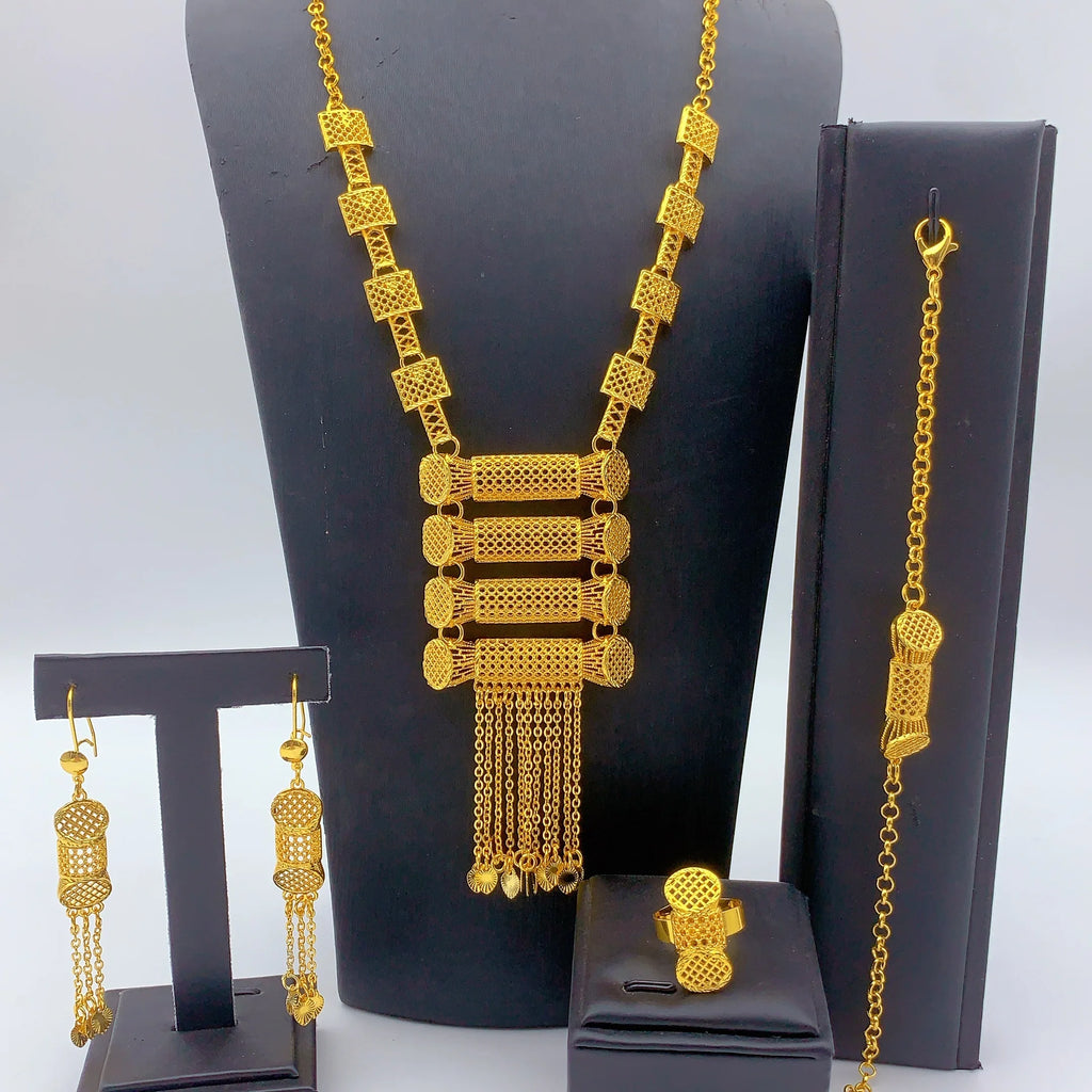 Dubai Jewelry Sets for Women Tassel Pendant Necklaces Earrings 4 Pieces Set 24K Gold Color Eritrean Wedding Party Gifts