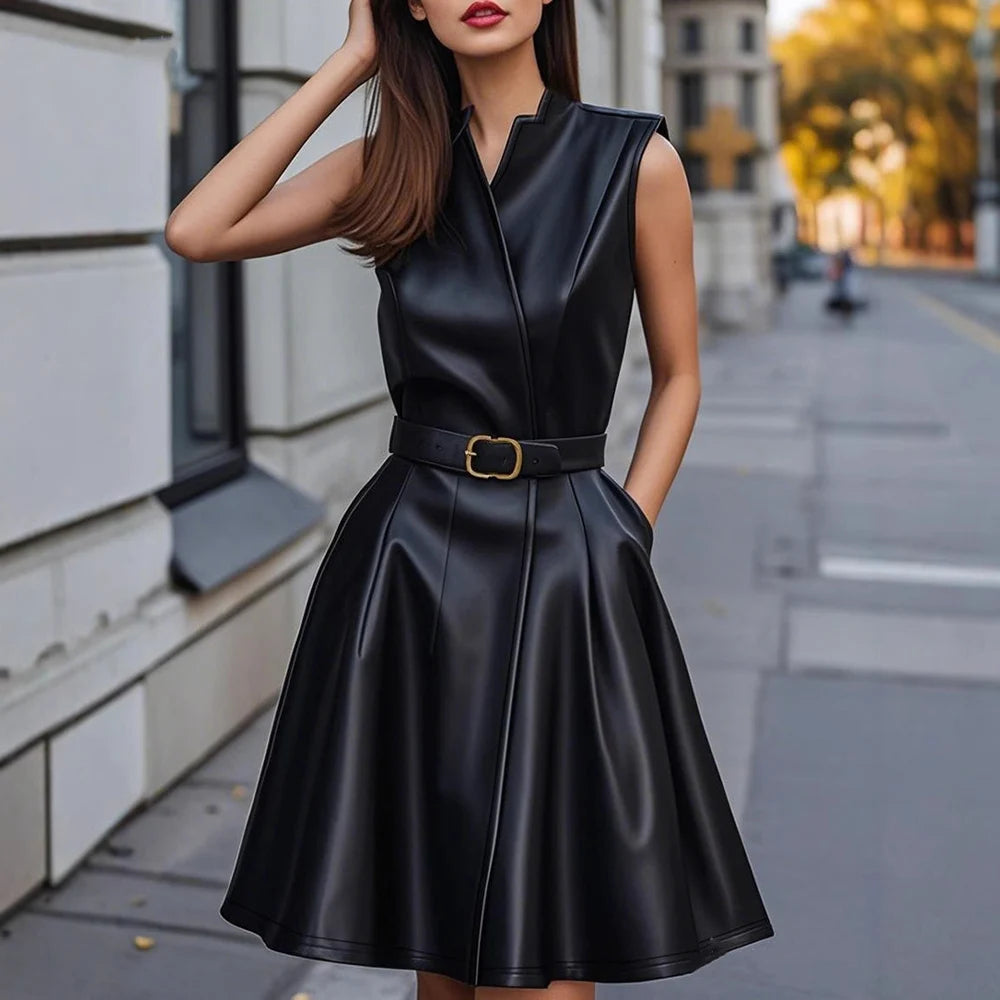 Women Pu Leather Midi Dress Elegant Solid V-Neck Sleeveless High Waist With Belt High Street Dress Chic Business Office Dresses