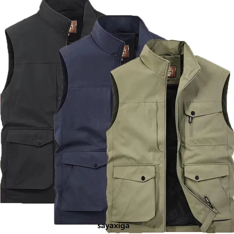 Men's Thin Tooling Loose Quick Drying Vest Men's Outdoor Sports Coat Multi Pocket Stand Collar Vest Spring Camping Fishing Vest
