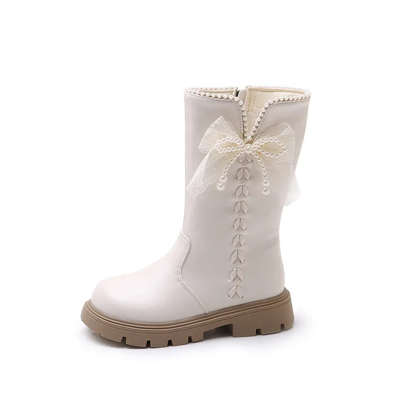 Girls Fashion Padded High Boots 3-18 Years Old Beige Bow Children's Cotton Shoes Versatile Non-slip Girls Short Leather Boots