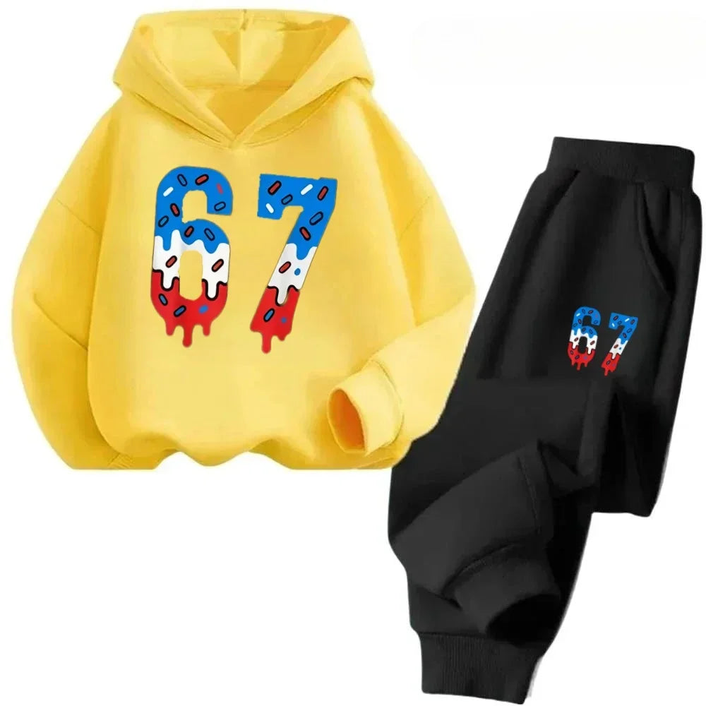 67 Chic Children's Hoodies Set 4-13Y Korean Streetwear Block Tracksuit Fashion Comfortable Kids Sweatshirt 2 Pcs Sets Pant Suit