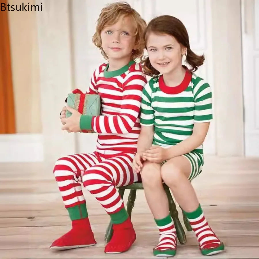 2026 Kids Christmas Cosplay Costume Long Sleeve Pants Pajamas Sets Boys Girls Striped Home Sleepwear 2 Pieces Children Xmas Look