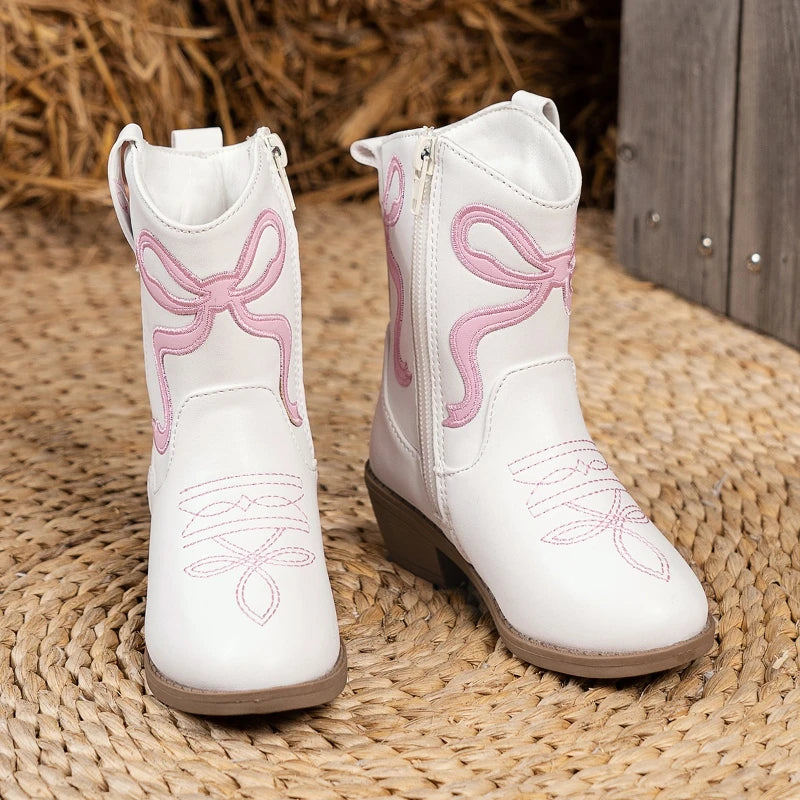 Kids Ankle Boots Kids White Western Cowboy Mid-calf Boots with Pink Embroidery Stylish Toddler Shoes Girls Princess Knight Boots