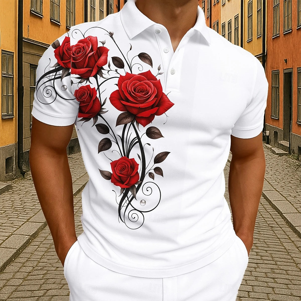 Elegant Red Rose Floral Polo Shirt For Men 3D Print Vine Pattern Short Sleeve Turn Down Collar Casual Business Golf Shirt