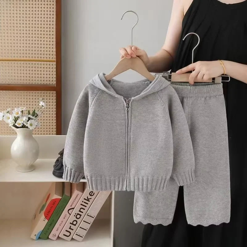 Girls Knitted Sweater Set Spring Fall 2026 New Kids Hooded Pullover Pants 2 Piece Set Little Girls Casual Warm Outfit