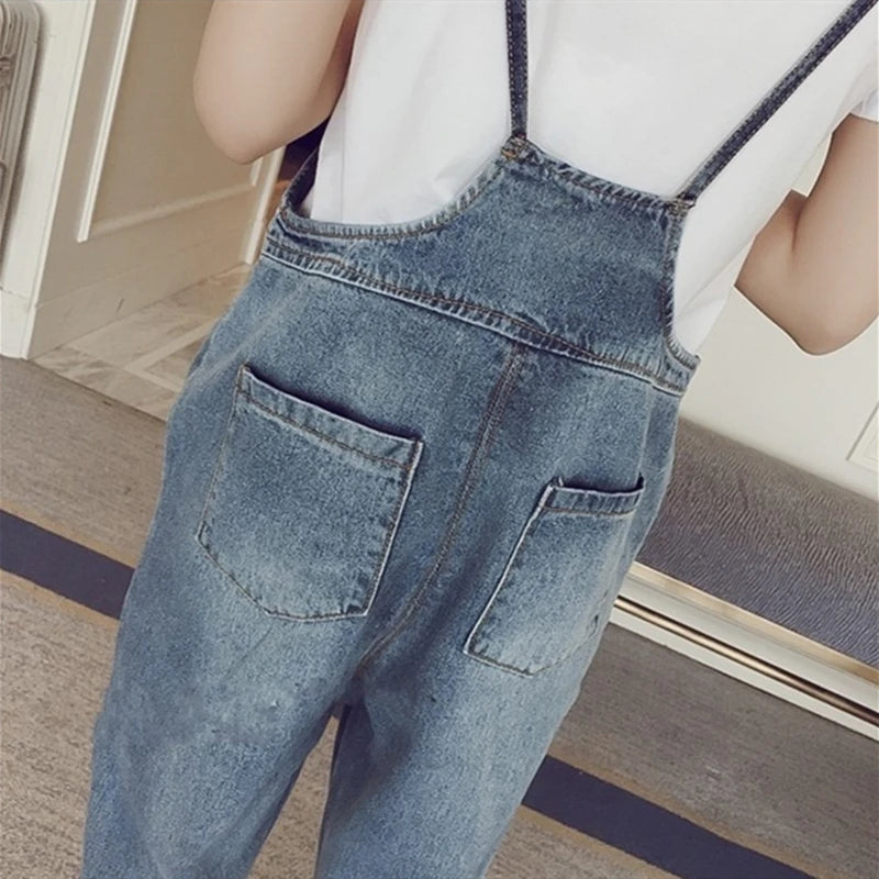Summer Thin Denim Overalls Women's Loose High Waist Multi Pocket Worn out Washed Light Blue Nine Points Overalls Spring Autumn