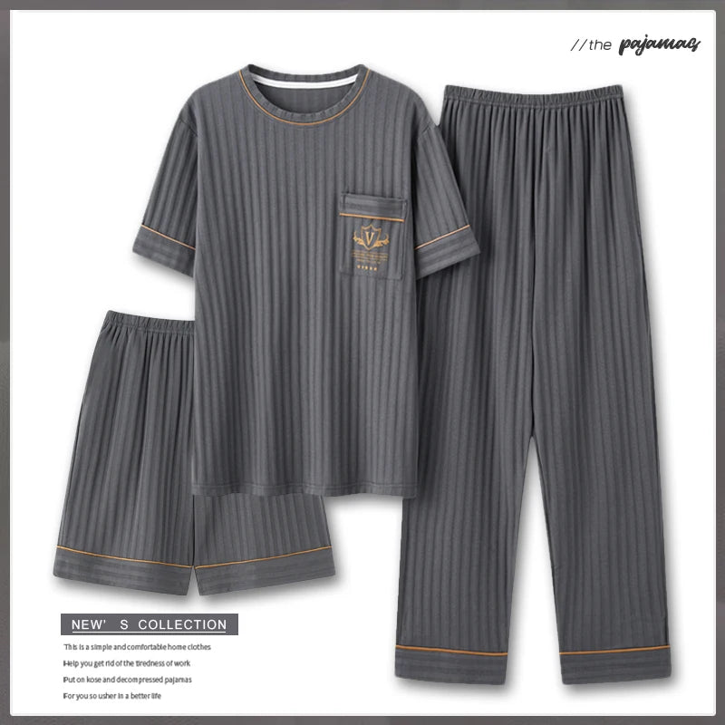 Men's Fashion Summer 3-Piece Pajamas Set Short Sleeve round Collar Cotton Homewear plus Size 5XL Shorts Loungewear Pijamas