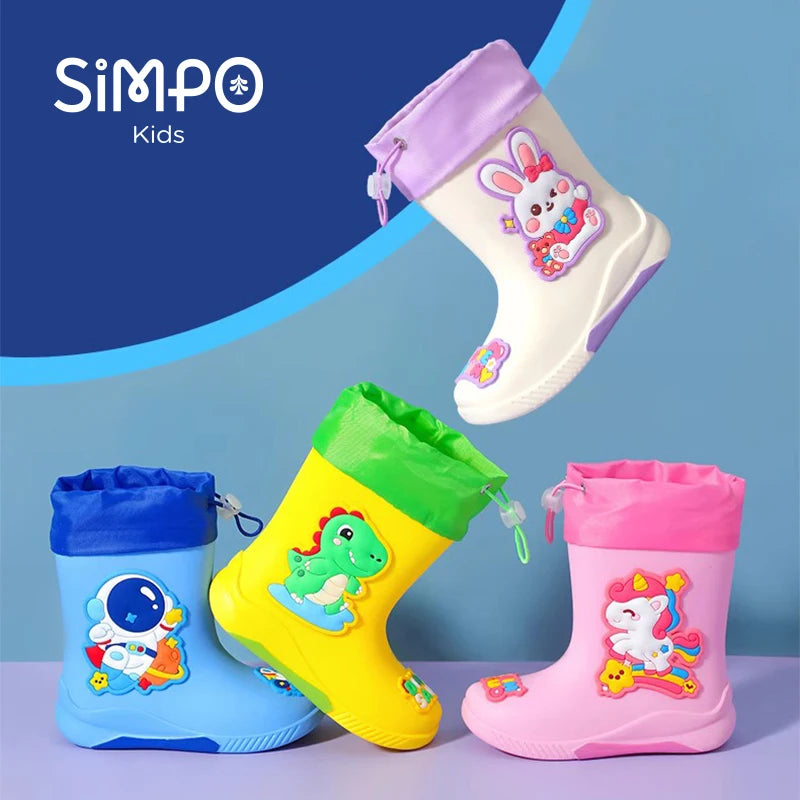 Kids Rain Boots For Girls Cartoon Unicorn Rabbit Spaceman Dinosaur Pattern Rubber Rainboot Boys Children Waterproof Shoes