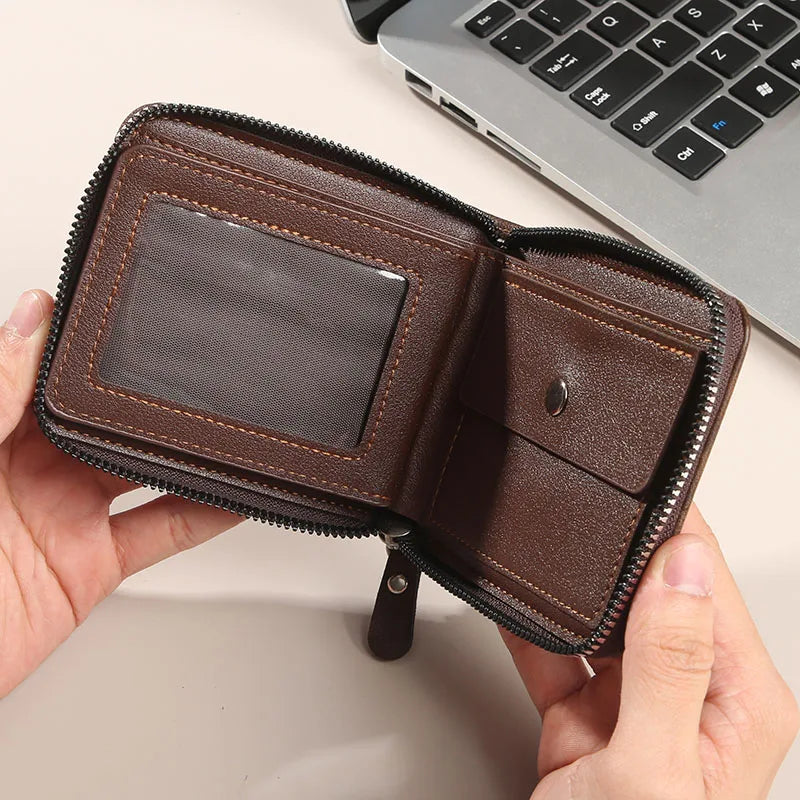 Men's Wallet Short Version New Solid Color Youth Simple Three Fold Wallet Multifunctional Student Zipper Coin Purse