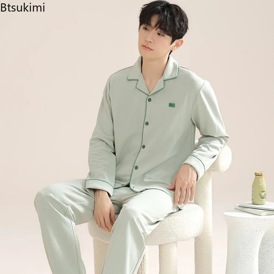 Pajamas for Men Spring Autumn Long Sleeve Lapel Button-up Cardigan Trousers Two-pieces Loose Casual Home Clothes Men Pajama Sets