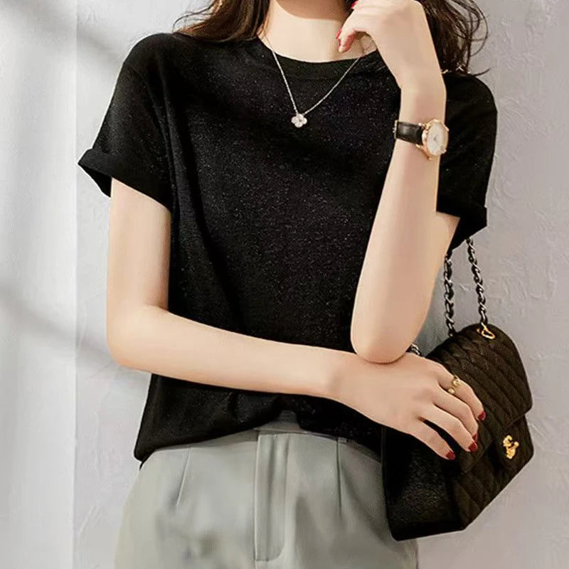 Commuter Joker Bright Silk Round Neck Ice Silk Short-Sleeved T-Shirt Women's Summer Thin Loose Slim Plus Size Vest Sweater