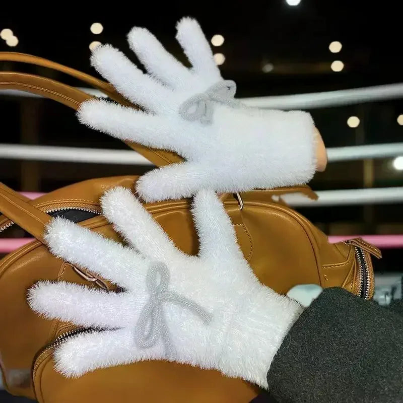 Women's Fashionable Winter Gloves - Cute, Plush, Bow-Embellished and Heat-Preserving, Great Christmas Gifts for Students