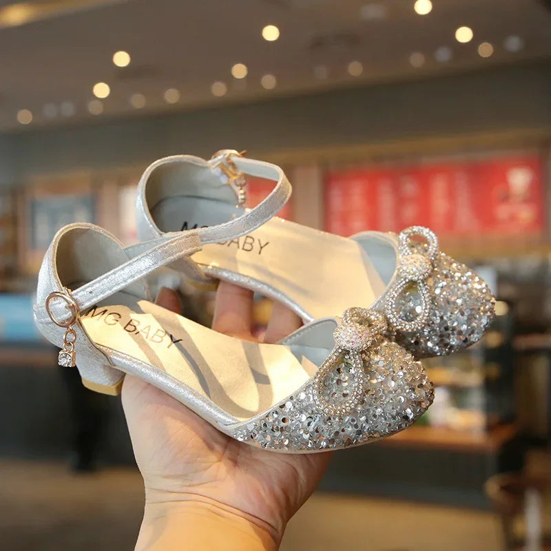Girls High Heels for Kids Party Wedding Evening Dress Shoes 2021 Fashion Crystal Summer Princess Stockings Girl Sandals E02165
