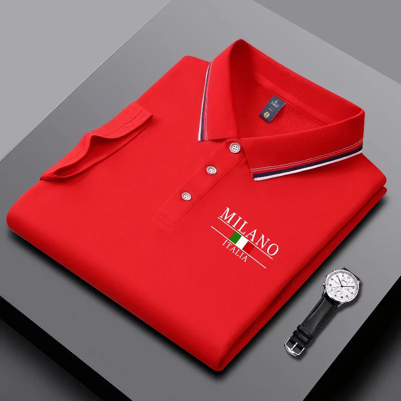 Summer men's trendy polo shirt with Italian Milan print, striped collar, summer breathable casual business top