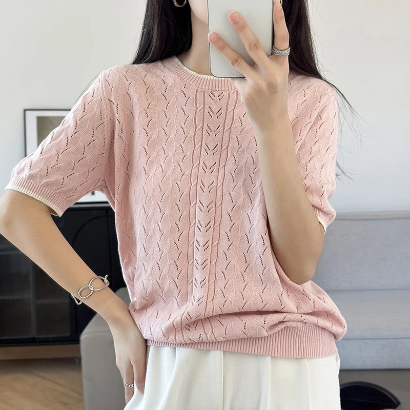 WinvyNee Summer Women‘s T-Shirts Cotton Pullovers Sweaters Top Short Sleeve O neck Pullover Solid Knitwear Tops Spring A1002024A