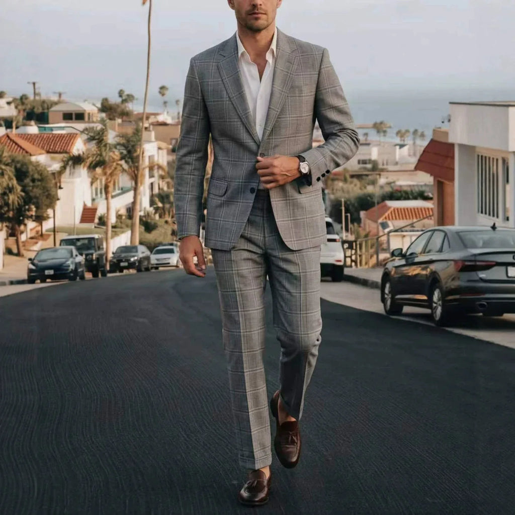 Men Suits  Two Pieces Blazers Ankle Length Straight Pants Plaid Blazer Zipper Fly Business Spliced Summer Office Male 2026