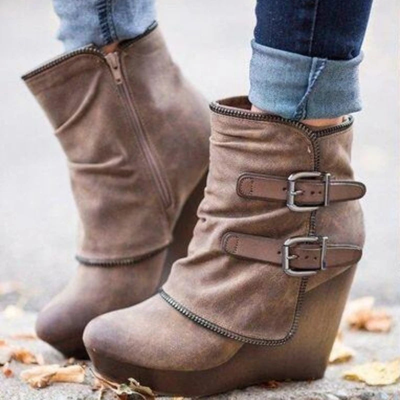 2025 New Women's Boots Zip Womens High Heels Suede Fashion Wedge Heels Durable Retro Women Ankle Boots Round Head Bottes Femmes