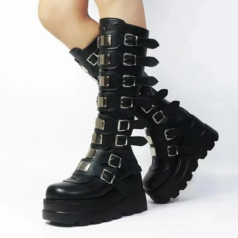 Women Boots Platform Long Boots Sexy Punk Black Motorcycles Boots Round Toe Knee High Boot Gothic Shoes Metal Buckle Women Shoes