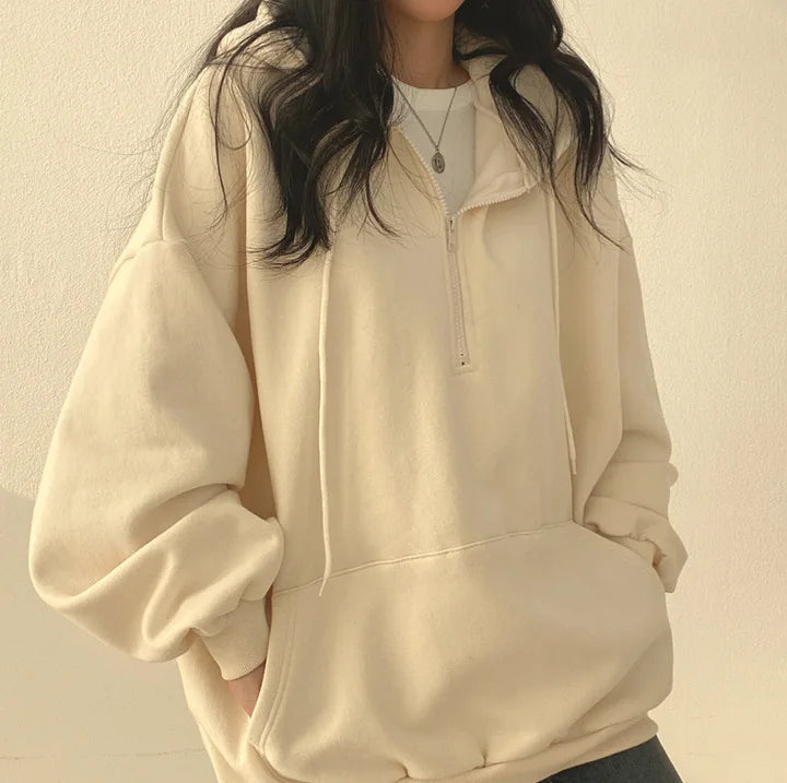 Women Hoodie Harajuku Loose Oversized Solid Color Top Half Zip Up Sweatshirt Female Casual Long Sleeve Pocket Hooded Coats 2025
