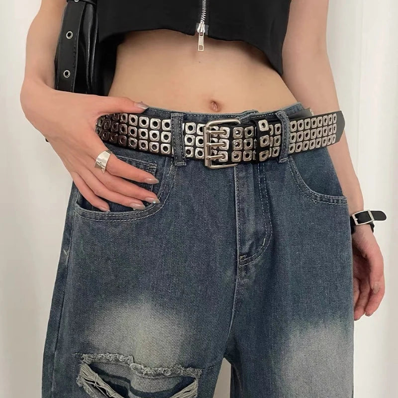 New Women Belt  Fashion Square Beads, Willow Nails, Three Exhaust Eyes, Punk Street Cool, Personalized Men's and Women's Belts