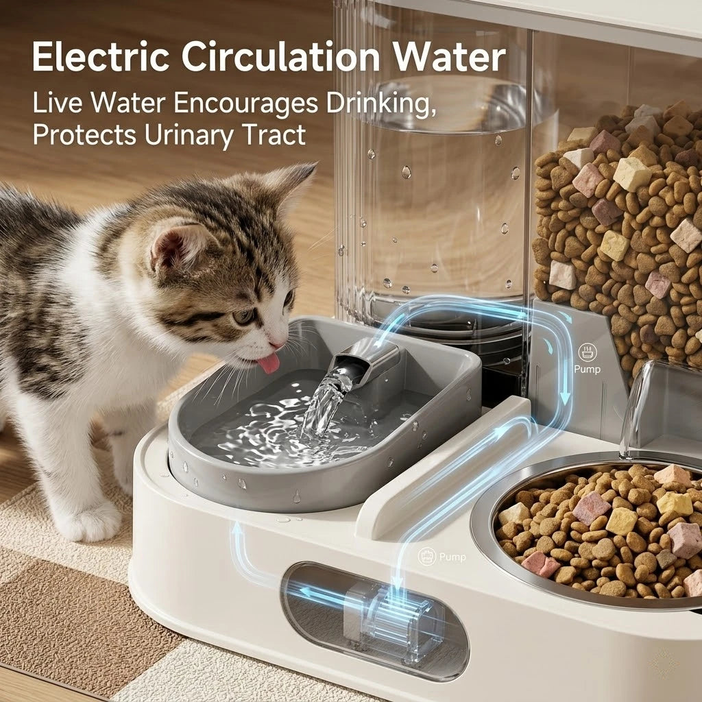 Pet feeder,cat food bowl,2 in 1 feeder waterer,automatic pet fountain,indoor feeding dish