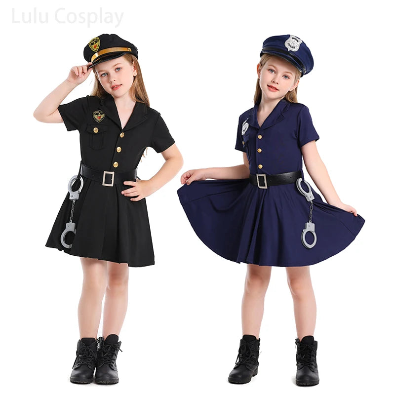 Kids Police Uniforms Dress Girl Dresses Halloween Cosplay Costumes Cap Belt 3Pcs Set Carnival Party Role-play Performance Dress