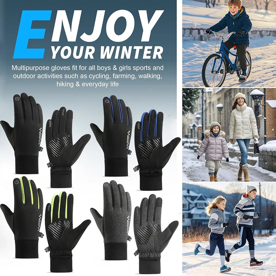 GTUBIKE Kids Cycling Gloves Sports Winter Thermal Boys Girls Children Windproof Anti-Slip Touchscreen Gloves Age 5-14 Years
