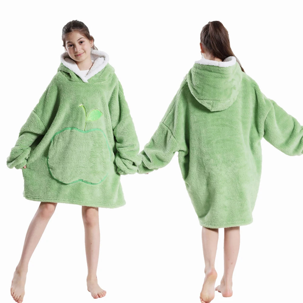 Winter Hoodies for Girls Boys Hooded Flannel Warm Sweatshirts Children's Wearable Blanket with Sleeves Kids 100-160cm Clothing