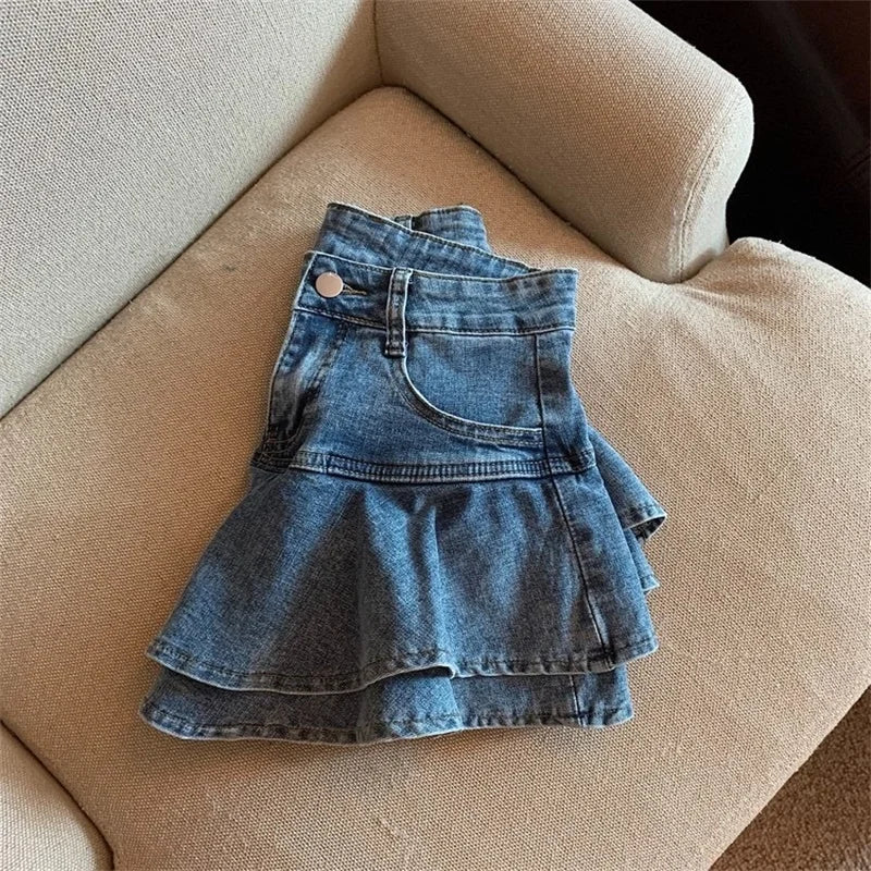 Kids Girls Denim Skirt Pants Korean Children's Clothes 2025 Children High Waist Cake Short Skirts Spring Summer Jean Skirt Pants