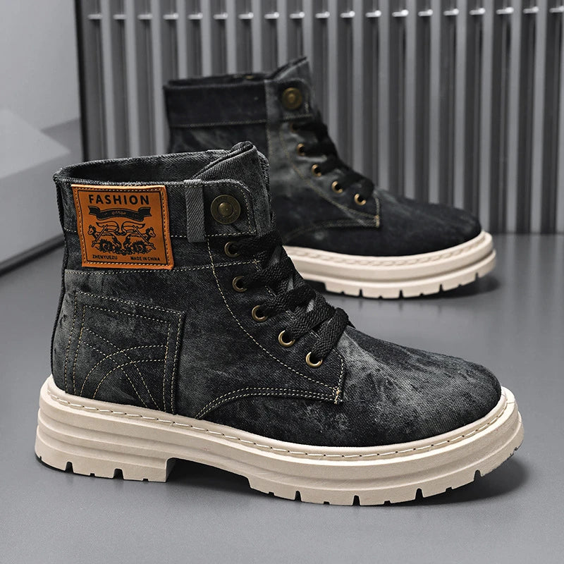 Men'S Denim High Top Boots Vintage Washed Blue Canvas Platform Shoes Lace Up Casual Combat Boots For Streetwear And All Seasons