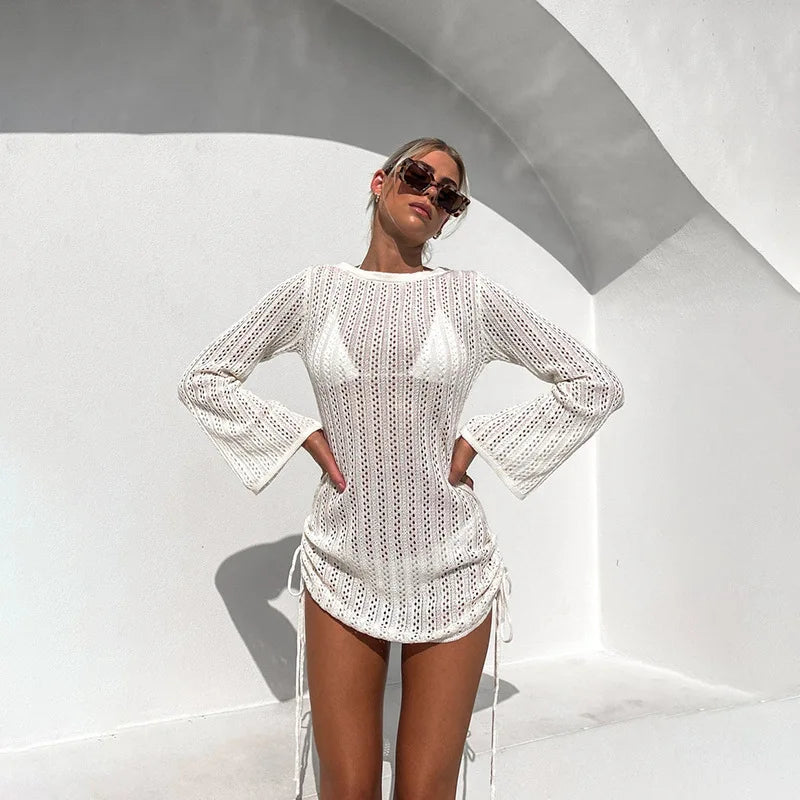 2025 New Bandage Crew Neck Sexy Women's Long-sleeve Swimsuit Hollow Backless Drawstring Swimwear Summer Push Up Beach Cover up