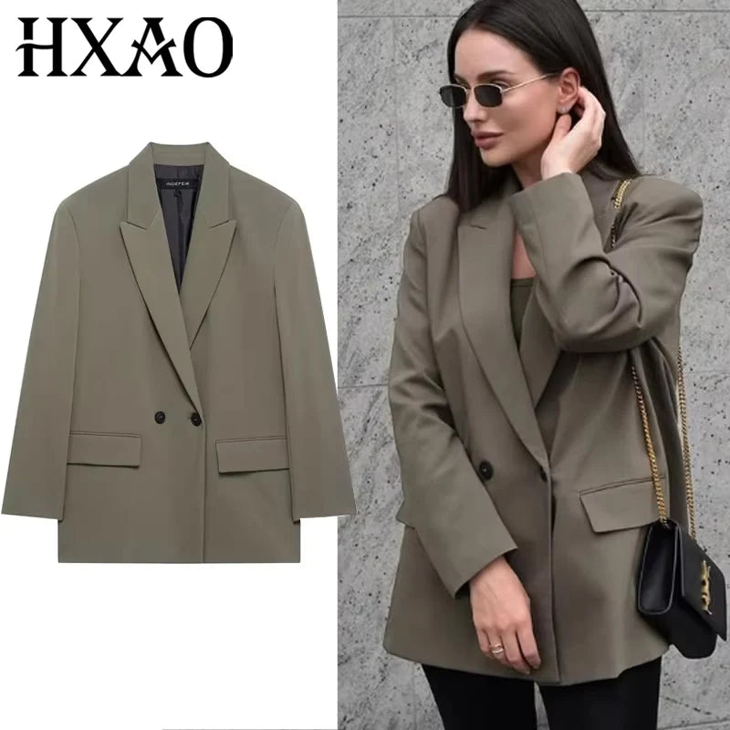 HXAO Women's Blazers Office Wear Long Blazer Spring 2025 Long Sleeve Solid Blazer Women Oversize Jacket High Quality Blazer