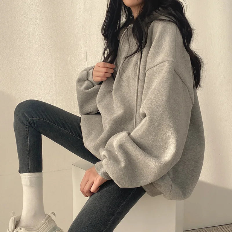 Women Hoodie Harajuku Loose Oversized Solid Color Top Half Zip Up Sweatshirt Female Casual Long Sleeve Pocket Hooded Coats 2025