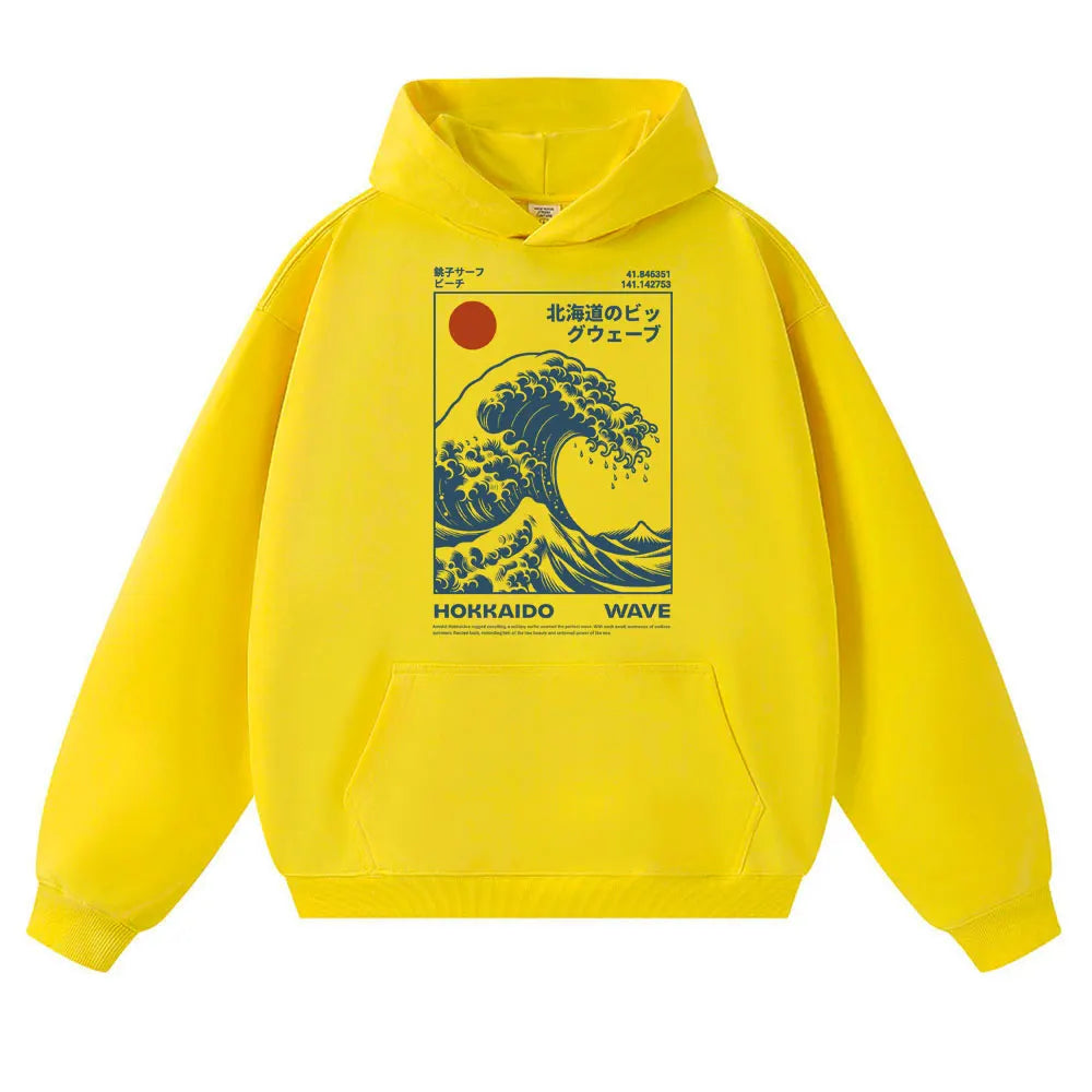 Japanese Style Hokkaido Wave Vintage Hoodie Men Women Harajuku Fashion Hoody Sweatshirt Oversized Autumn Winter Casual Sportwear