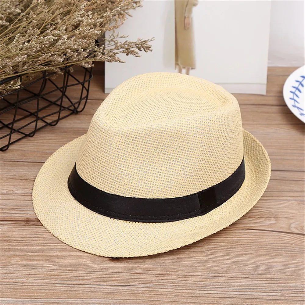 Children Kids Summer Beach Straw Hat Jazz Panama Breathable Hat Large Brim Outdoor Breathable Hats Girls Boy Sunhat