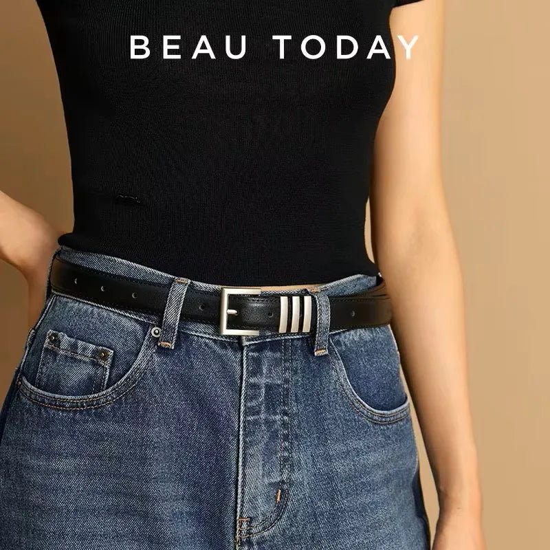 BEAUTODAY Belts Women Full Grain Leather Versatile Solid Color Metal Buckle 2024 Ladies Accessories Handmade 91055
