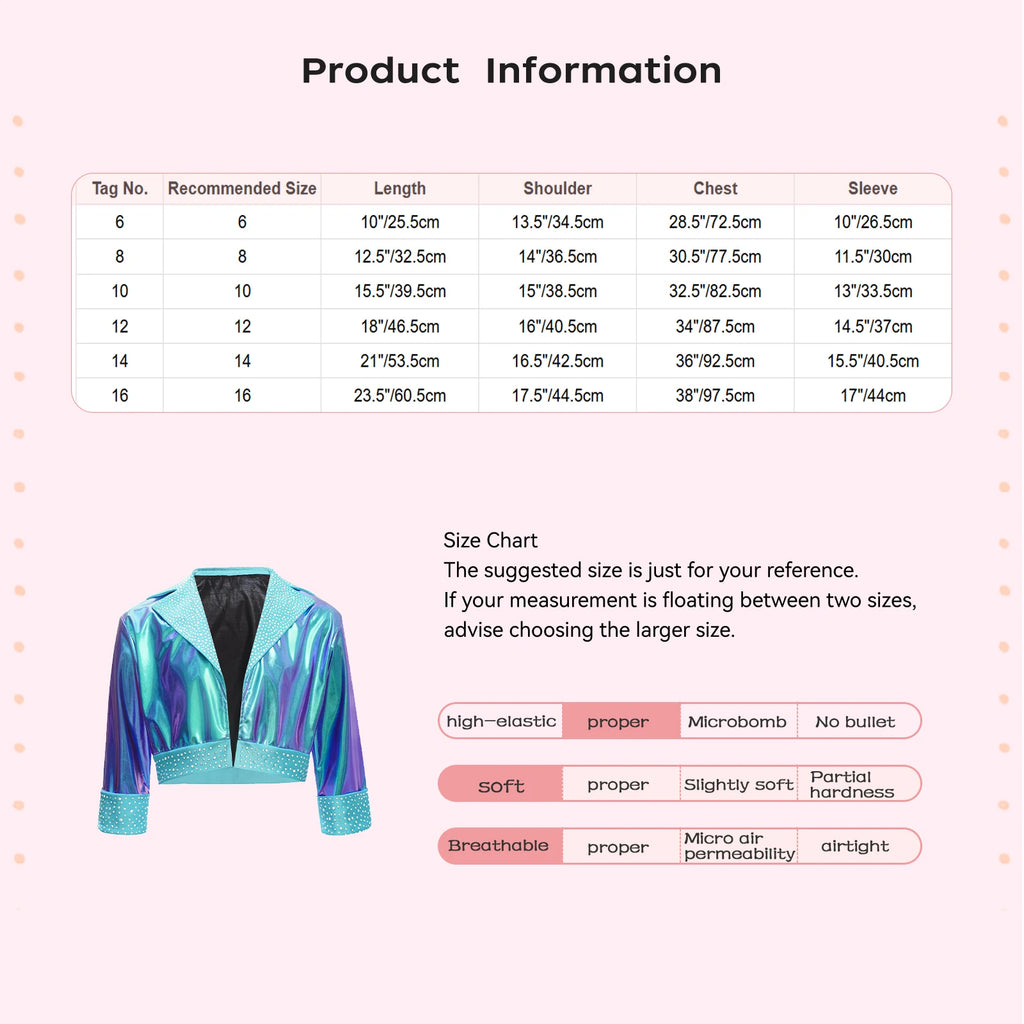 Kids Girls Shiny Rhinestones Metallic Jacket Hip Hop Jazz Dance Top Outerwear Long Sleeve Disco Stage Performance Streetwear