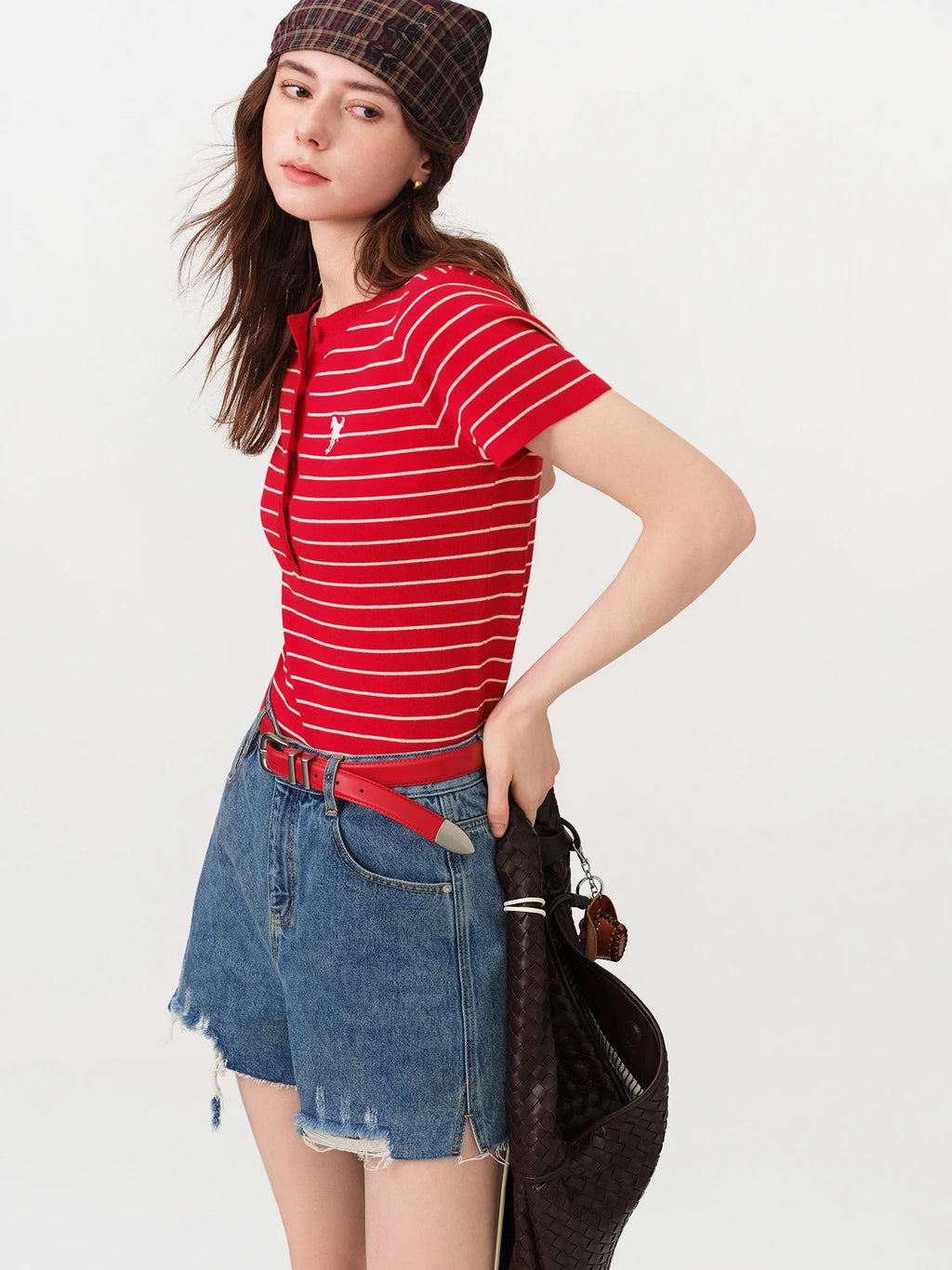 FSLE Vintage Styled Striped Knit Top for Women 2026 Summer New Arrival Short Sleeve Slim-Fit Henley Sweater Crew Neck T-shirt