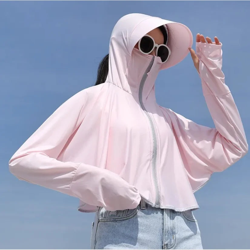 Women Sunscreen Hoodie Solid Color Thin Ice Silk Summer UV Protection Long-sleeved Jacket Breathable Shirt Clothing