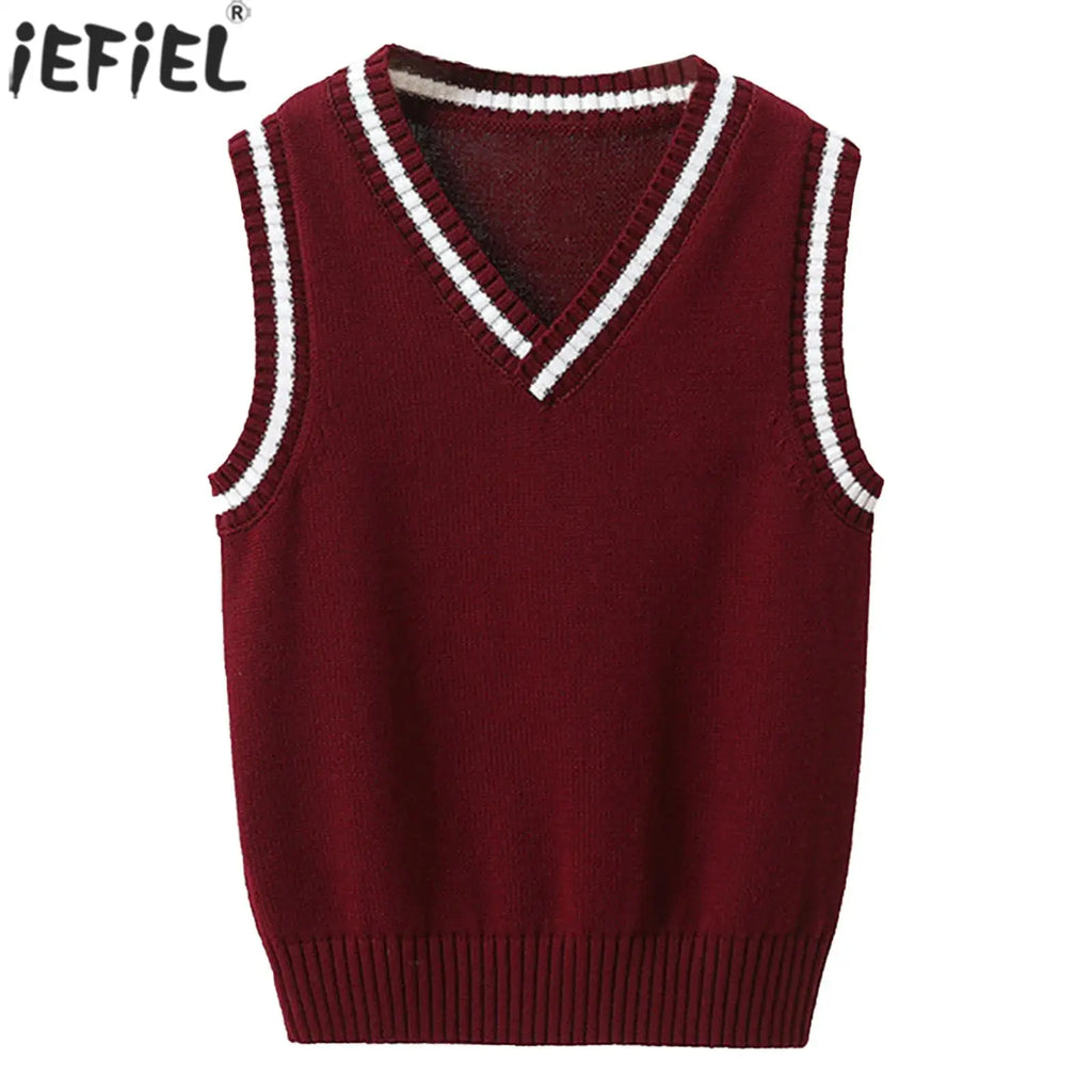 Kids Boys Girls Preppy Style Sweater Vest Fashion V Neck Knitted School Uniform Waistcoat Tops Children Spring Autumn Outerwear