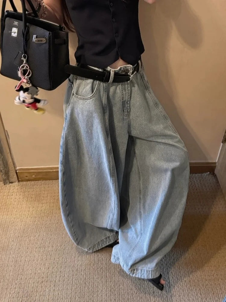 American Retro Knife  Denim Jeans Women High Waist Loose Fit Four Seasons Casual Style Summer New Streetwear Lantern Pants